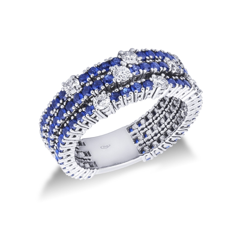 Bague triple rang en Or Blanc 18k avec saphirs et diamants