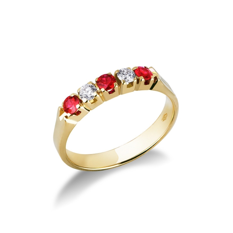 Bague Alliance 5 Pierres Or Jaune 18k Diamants et Rubis