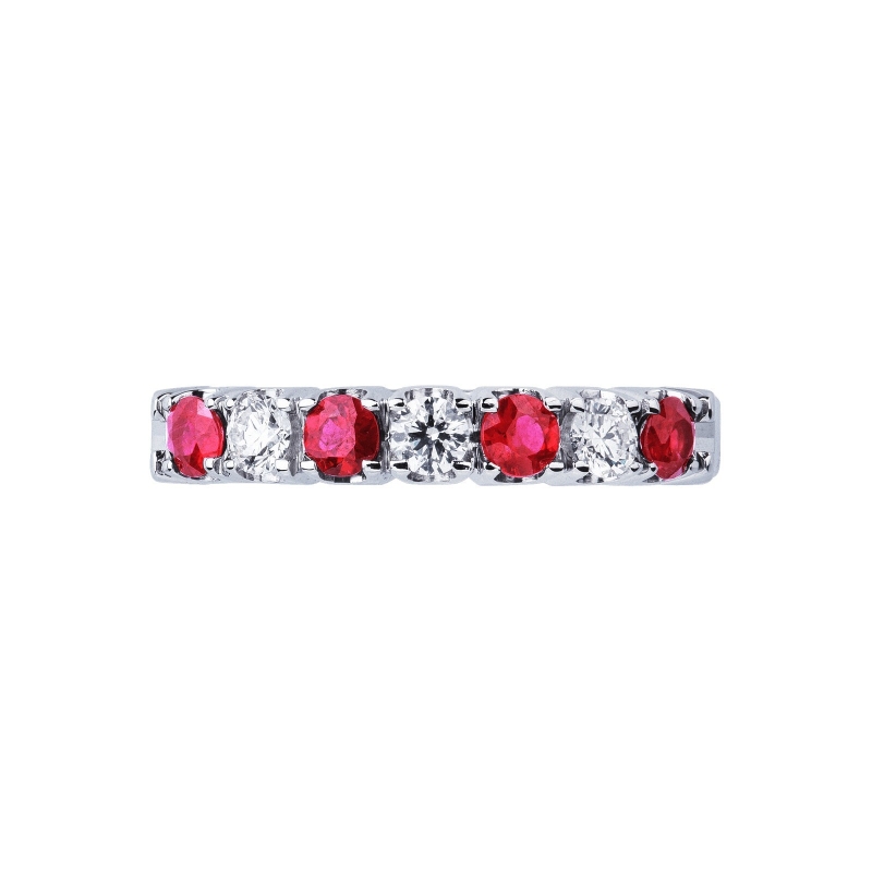 Bague alliance 7 pierres en or blanc 18k avec diamants et rubis