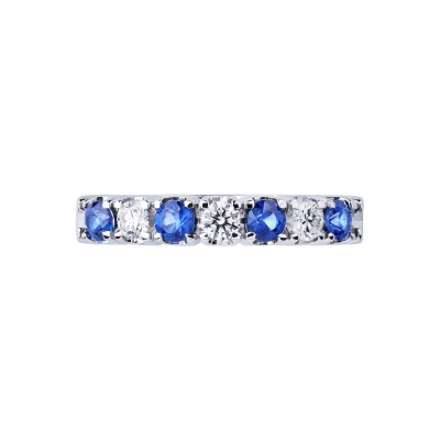  Bague demi alliance en or blanc 18k avec diamants et saphirs bleus