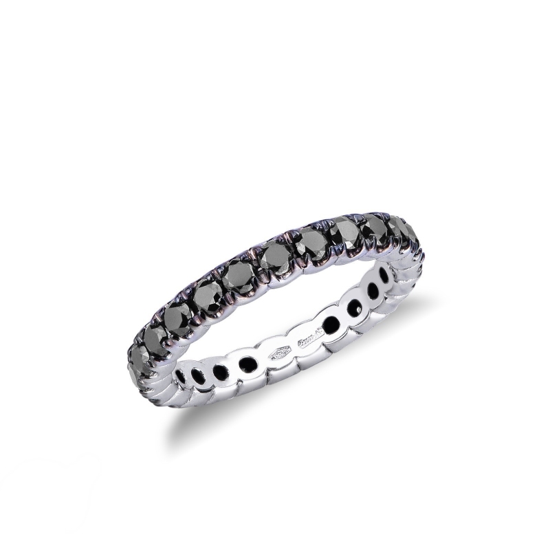 Bague éternité en or blanc 18k avec diamants noirs et griffes brunies