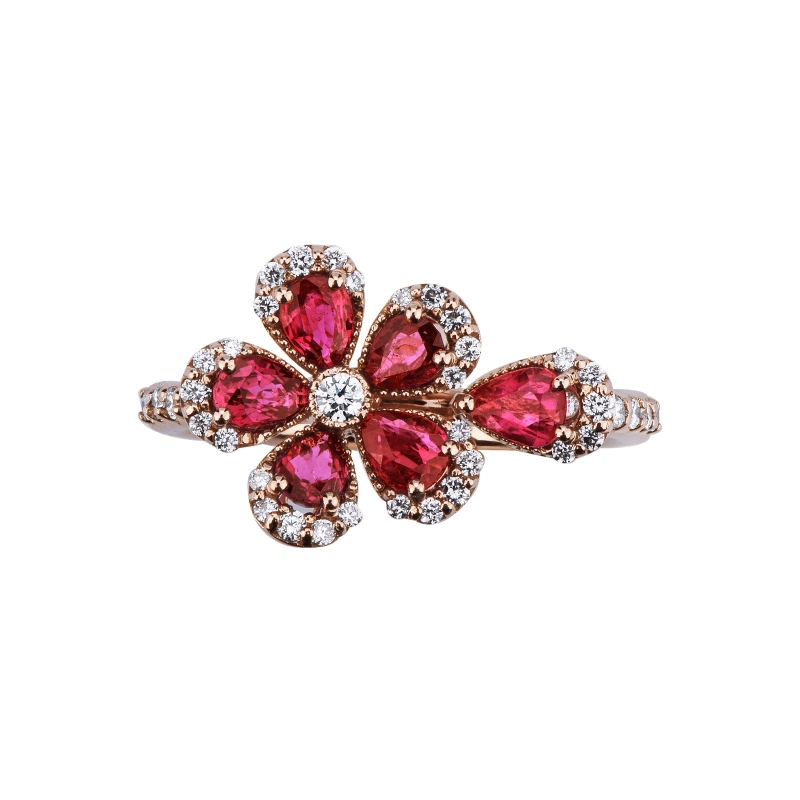 Bague fleur en or rose 18k avec rubis