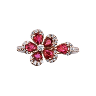 Bague fleur en or rose 18k avec rubis