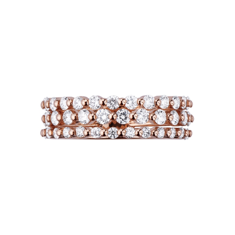 Bague or rose 18k trois rangs avec diamants