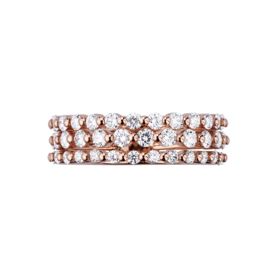 Bague or rose 18k trois rangs avec diamants