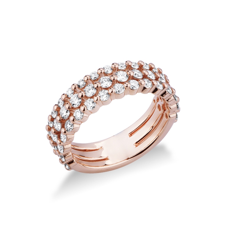 Bague or rose 18k trois rangs avec diamants