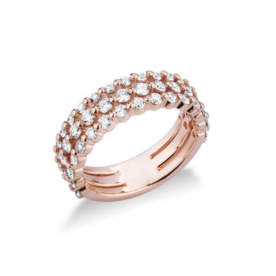 Bague or rose 18k trois rangs avec diamants