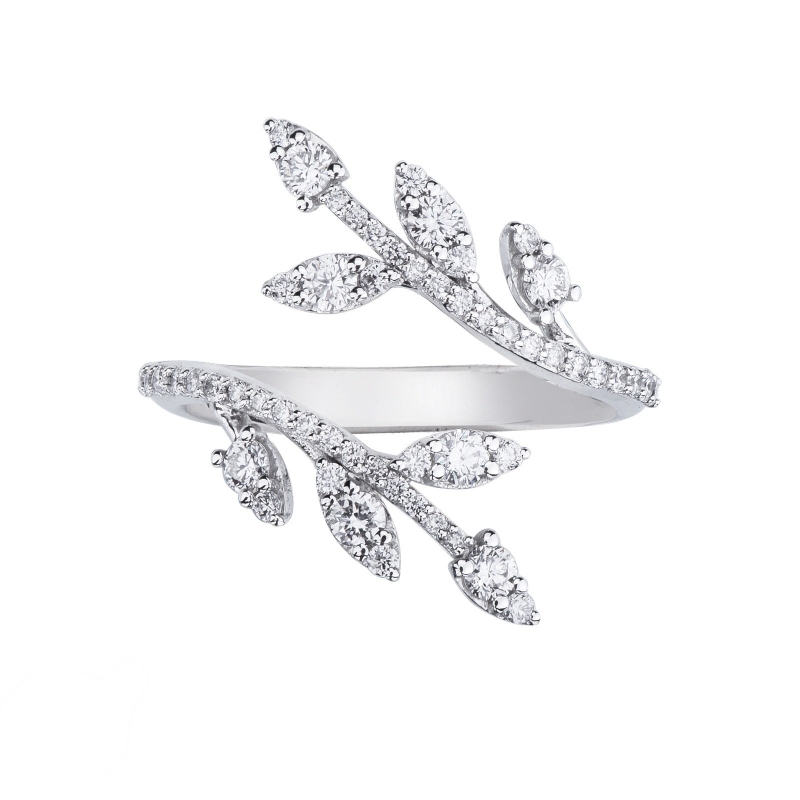 Bague feuille or blanc 18K diamants brillants