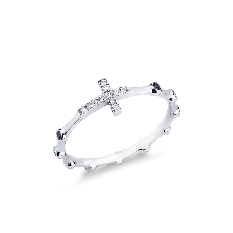 Bague en or blanc 18k croix blancs et noirs
