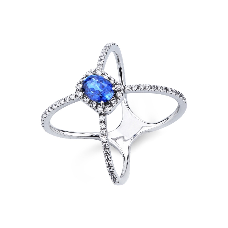Bague croisée en or blanc 18k avec saphir bleu ovale et diamants