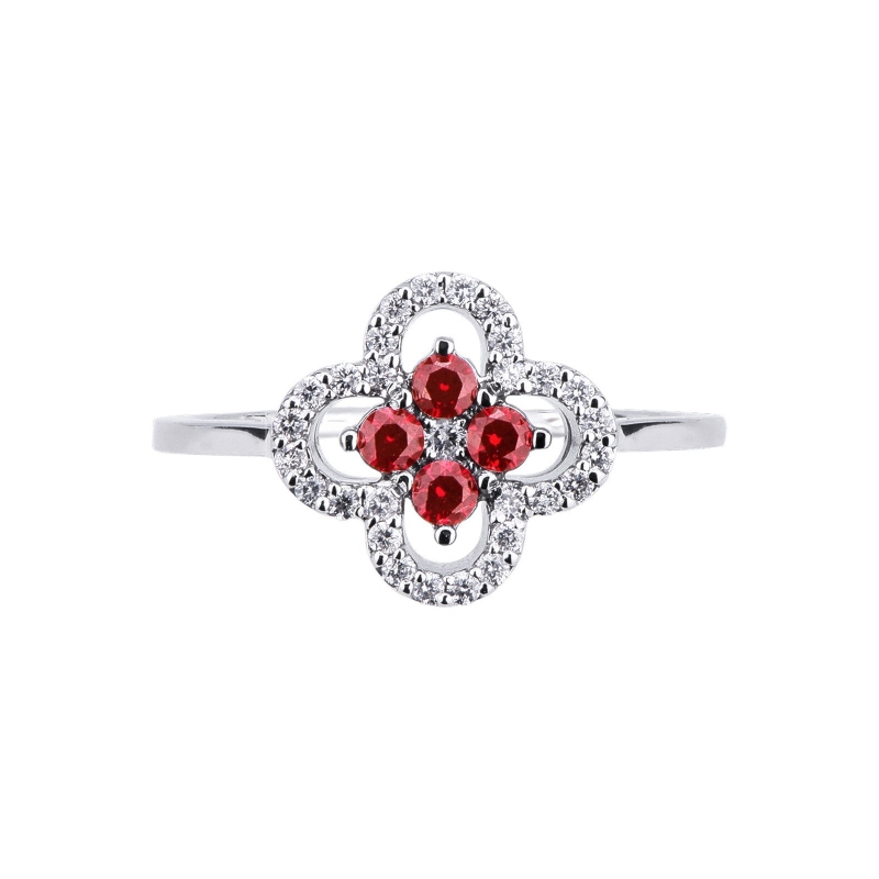 Bague fleur en or blanc 18k avec rubis et diamants