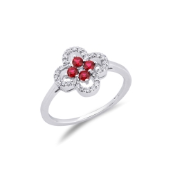 Bague fleur en or blanc 18k avec rubis et diamants