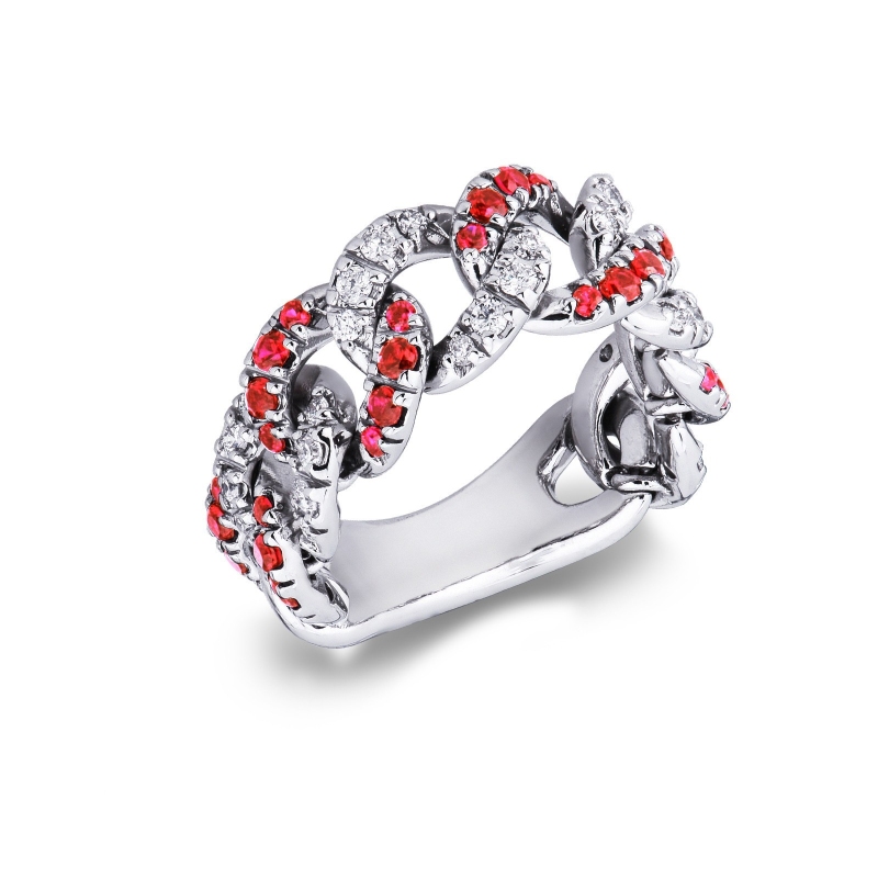Bague or blanc 18K rubis et diamants gourmette