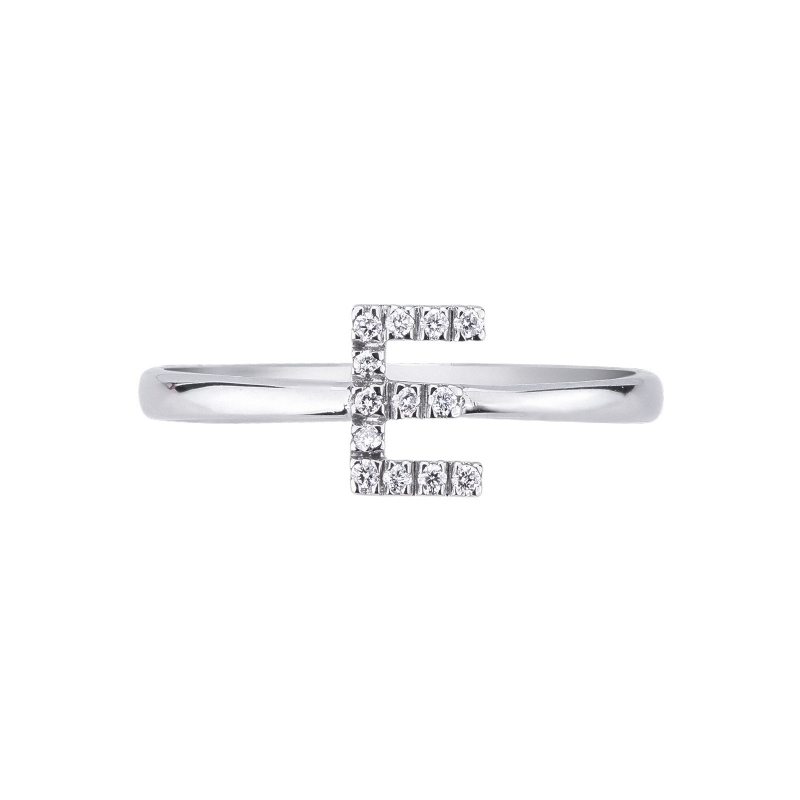Bague avec lettre   E  en or blanc et diamants
