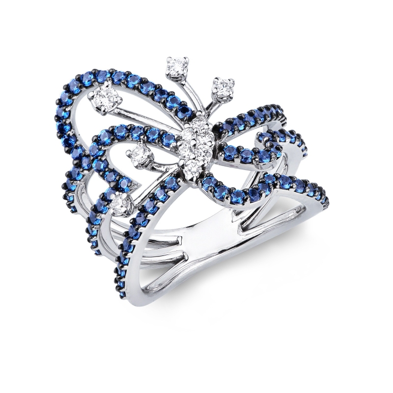 Bague papillon en or blanc 18k saphirs bleus et diamants