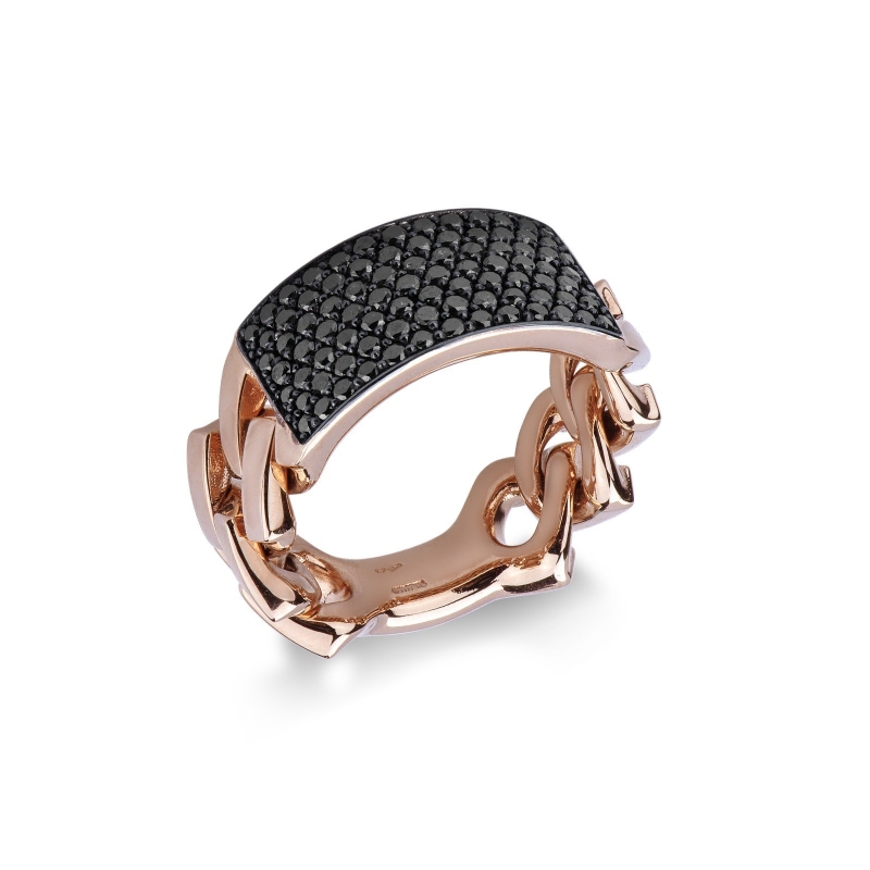 Bague homme diamants noirs gourmette or rose 18k 