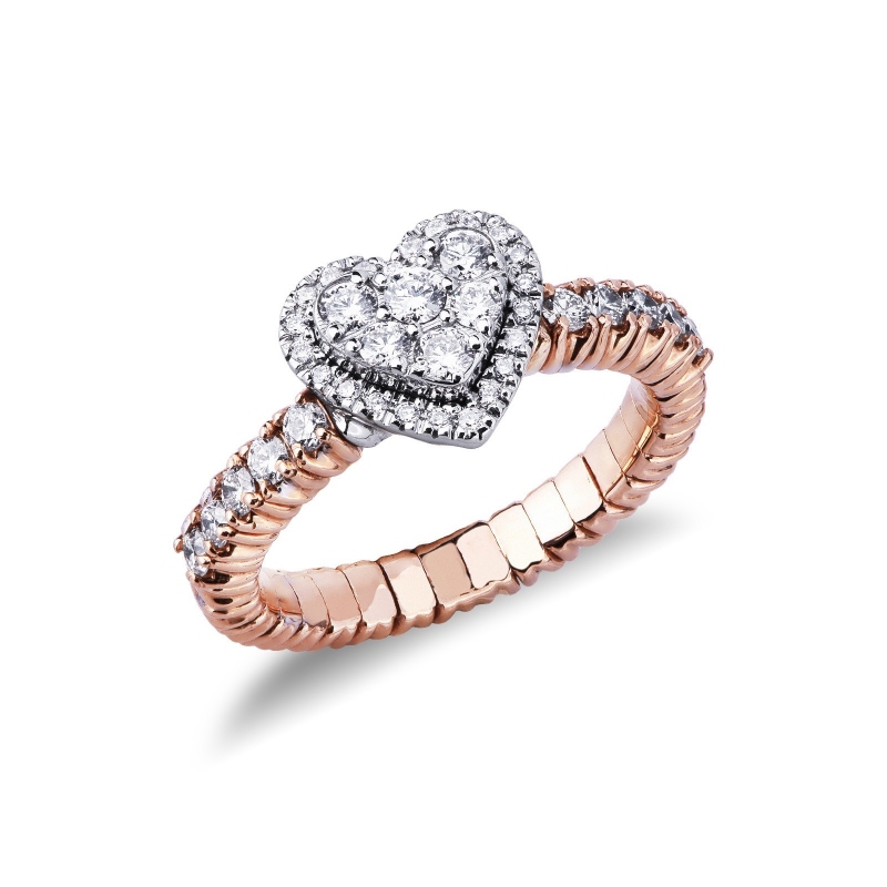 Bague élastique en or blanc et rose 18k avec diamants coeur
