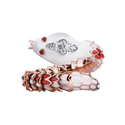 Bague en or rose 18k avec serpent à double spirale diamants 