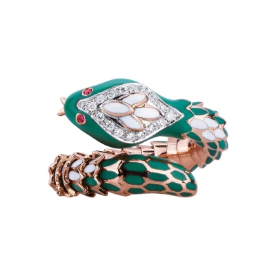 Bague serpent en or rose 18k ornée de diamants Et rubis
