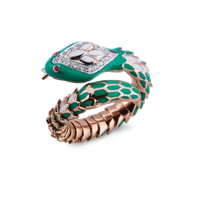 Bague serpent en or rose 18k ornée de diamants Et rubis