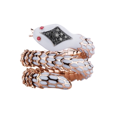 Bague serpent en or rose 18k avec diamants noirs et rubis