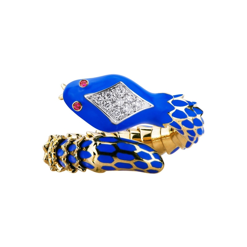 Bague serpent or jaune 18k avec diamants et rubis