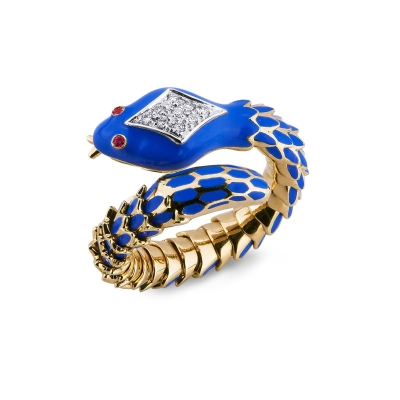 Bague serpent or jaune 18k avec diamants et rubis