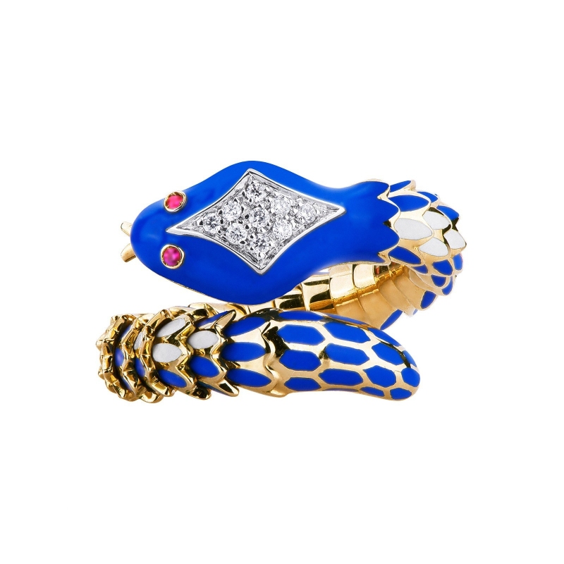 Bague serpent en or jaune 18k avec diamants et rubis