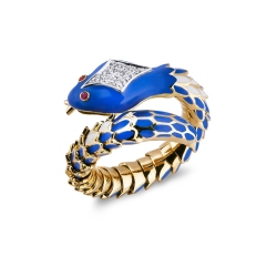 Bague serpent en or jaune 18k avec diamants et rubis