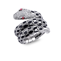Bague serpent en or blanc 18k à double spirale avec diamants et rubis