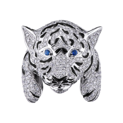 Bague tigre en or blanc 18k avec diamants et saphirs