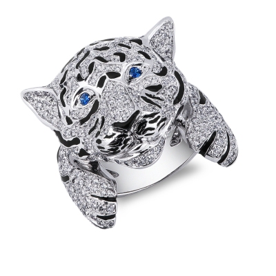 Bague tigre en or blanc 18k avec diamants et saphirs