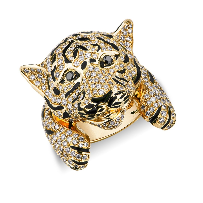 Bague Tigre en Or Jaune 18k avec Diamants et Émail Noir