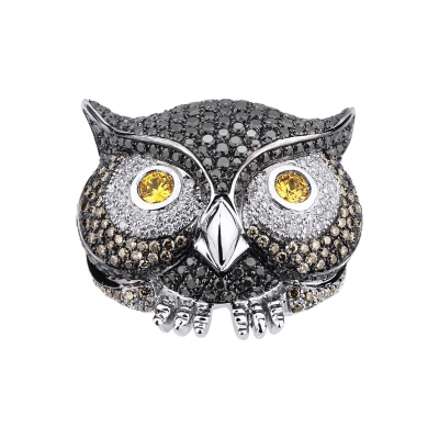 Bague hibou en or blanc 18k avec diamants