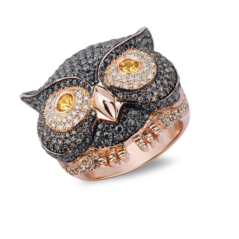 Bague hibou en or rose 18k avec diamants