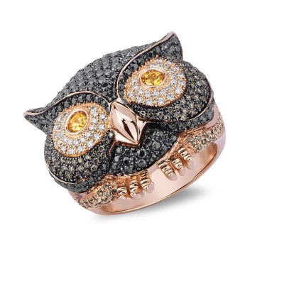 Bague hibou en or rose 18k avec diamants