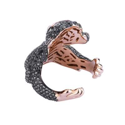 Bague singe en or rose 18k avec diamants noirs et marron