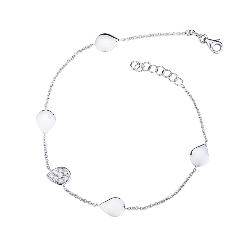 Bracelet en or blanc 18 carats avec 4 gouttes et diamants, 22 cm