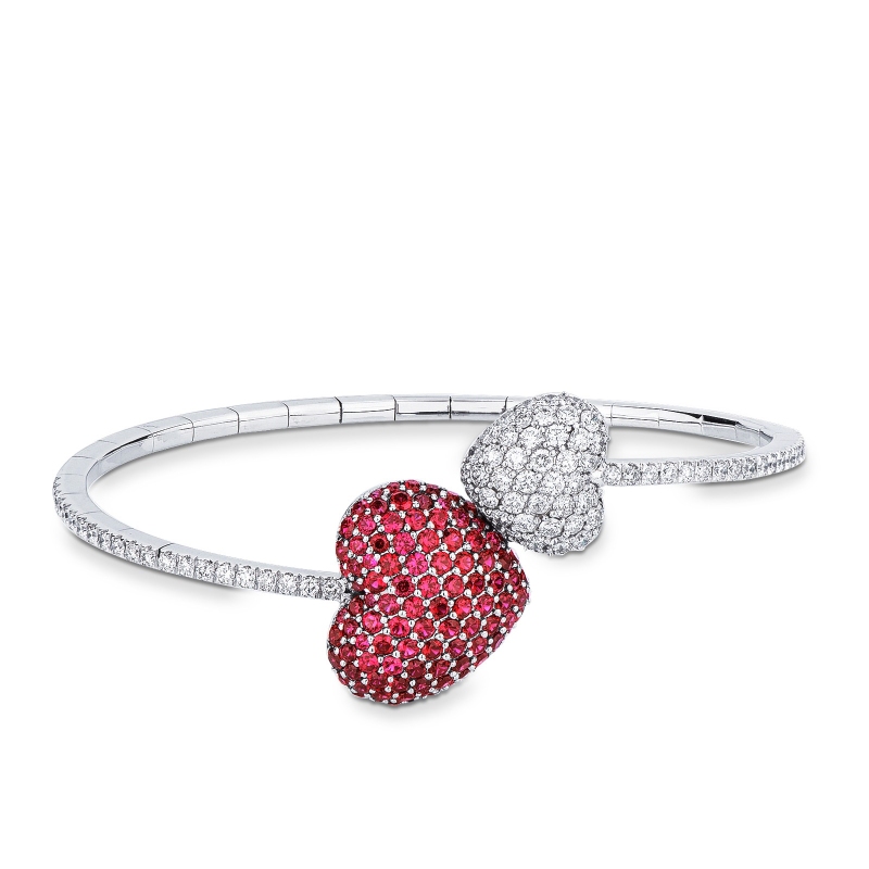 TOI ET MOI Bracelet or blanc avec deux cœurs en rubis et diamant