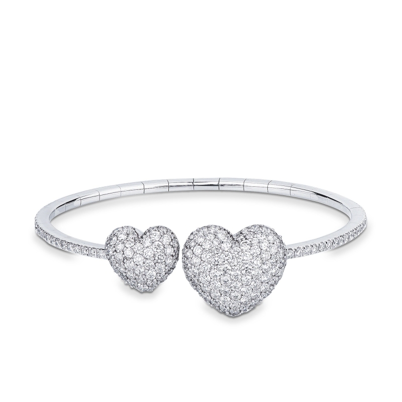 Bracelet semirigide or blanc avec deux cœurs en diamant