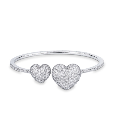 Bracelet semirigide or blanc avec deux cœurs en diamant