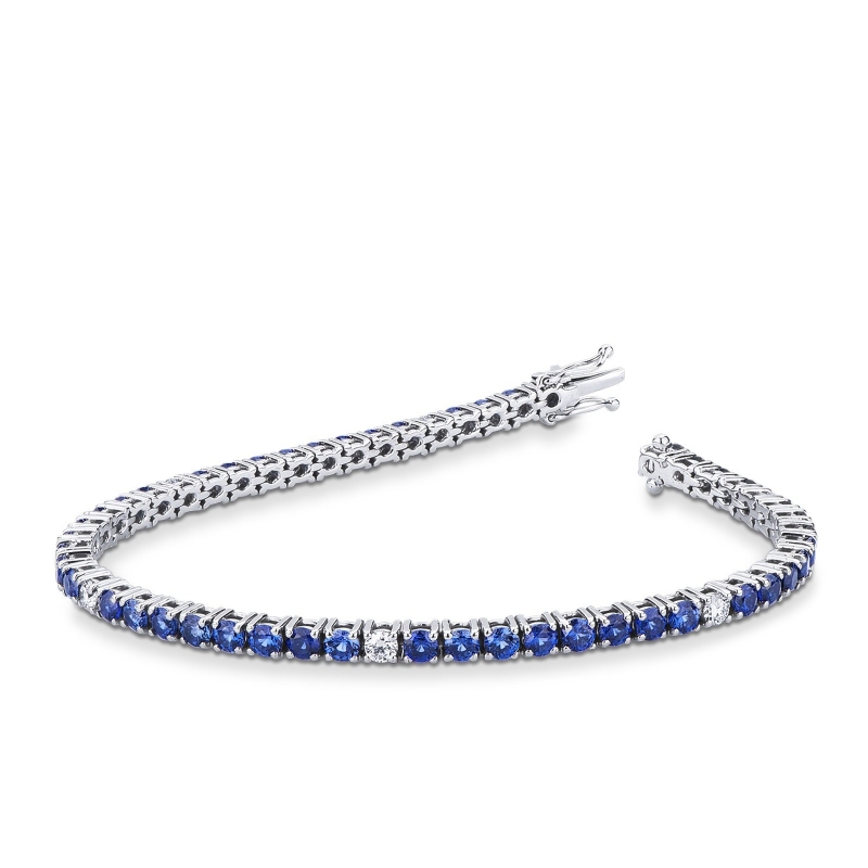 Bracelet tennis à fil en or blanc 18k avec saphirs bleus et diamants