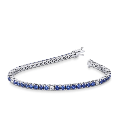 Bracelet tennis à fil en or blanc 18k avec saphirs bleus et diamants