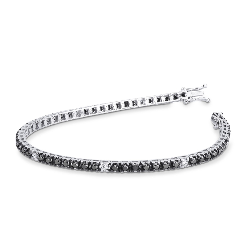 Bracelet tennis à griffes en or blanc 18k serti de diamants noirs et de diamants