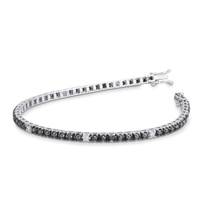Bracelet tennis à griffes en or blanc 18k serti de diamants noirs et de diamants