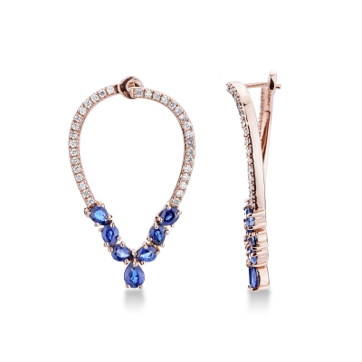 Boucles d'oreilles ovales or rose 18k avec saphirs bleus et diamants