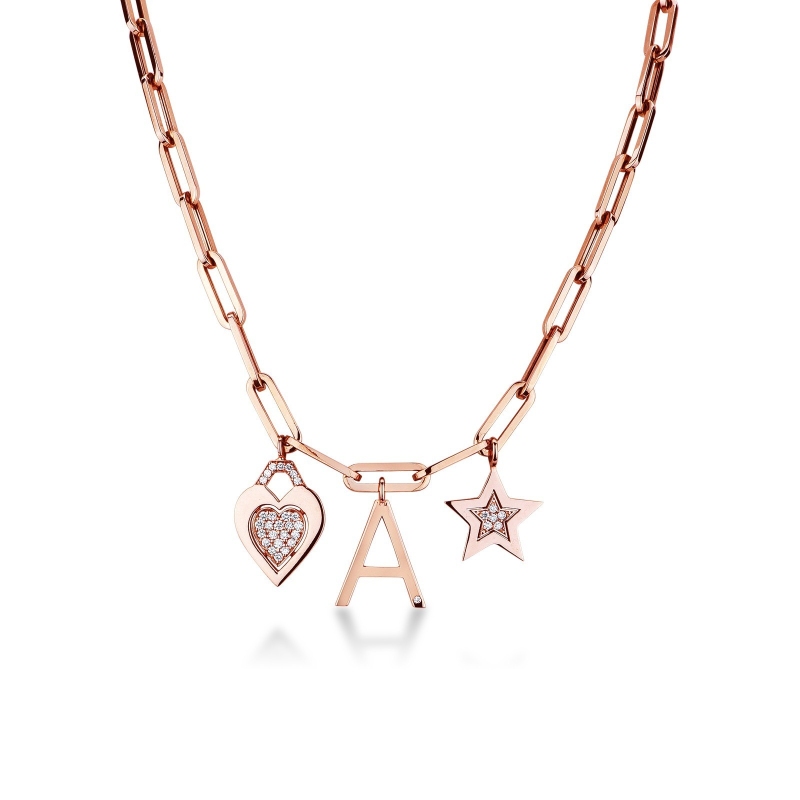 Collier rolò en or rose 18k d'étoile, cœur et de lettre A