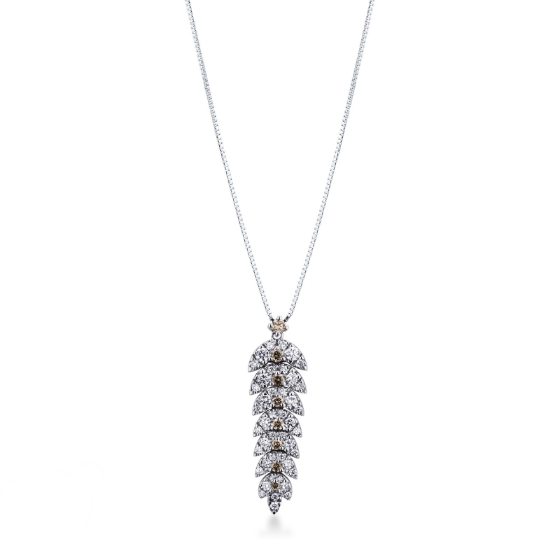 Collier en Or Blanc 18k avec Pendentif Plume en Diamants Blancs et Bruns