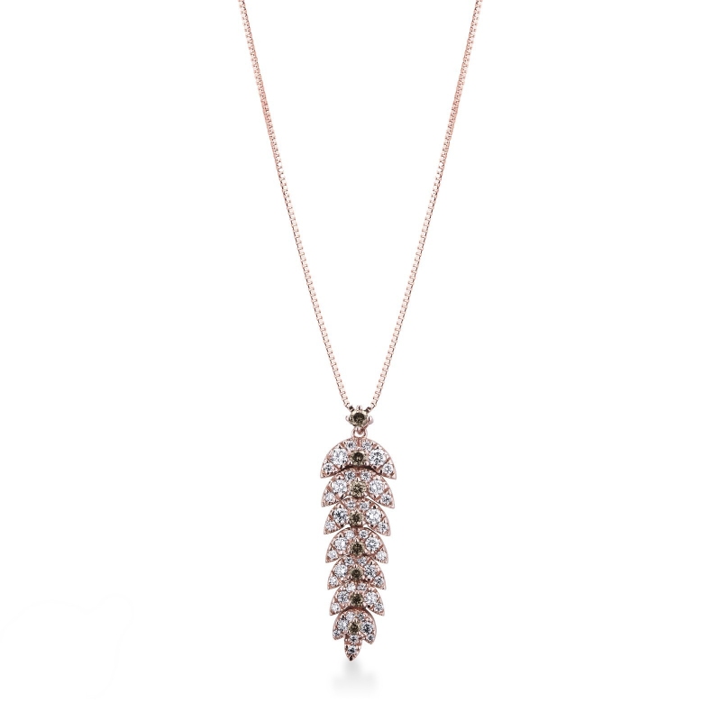 Collier en Or Rose 18k avec Pendentif Plume et Diamants