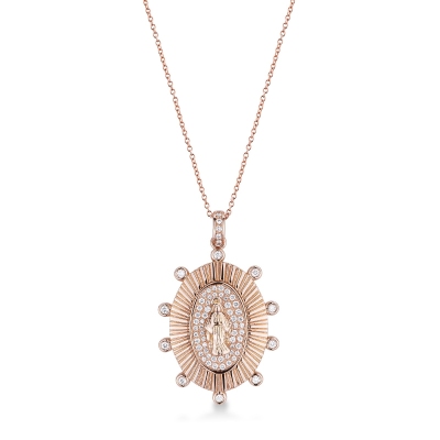 Collier en or rose 18k avec la Vierge orné de diamants